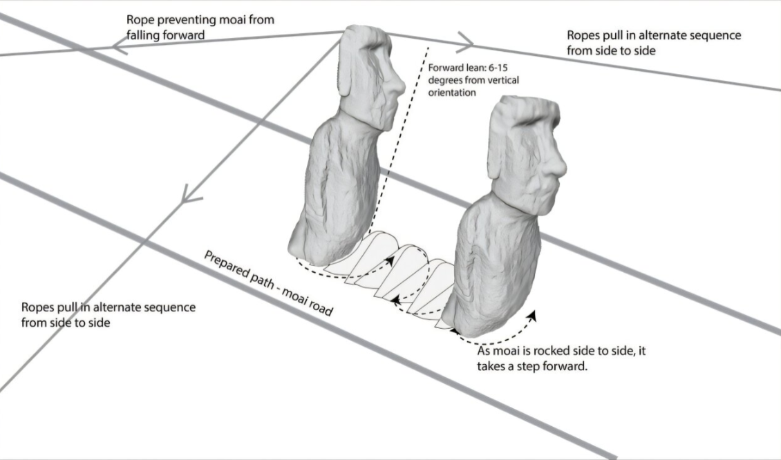 На этой схеме показана техника «ходьбы», при которой моаи перемещались по подготовленным дорогам с помощью чередующихся боковых натяжений верёвки, сохраняя наклон вперёд на 5–15° от вертикали. Фото Карл Липо