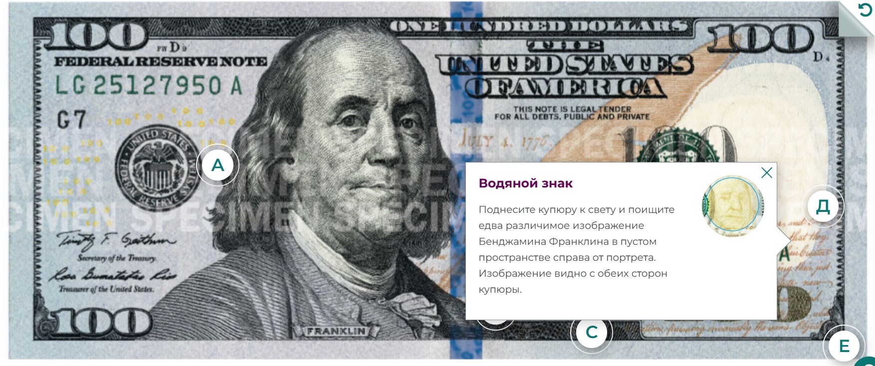 водяной знак с Бенджамином Франклином на 100 долларах