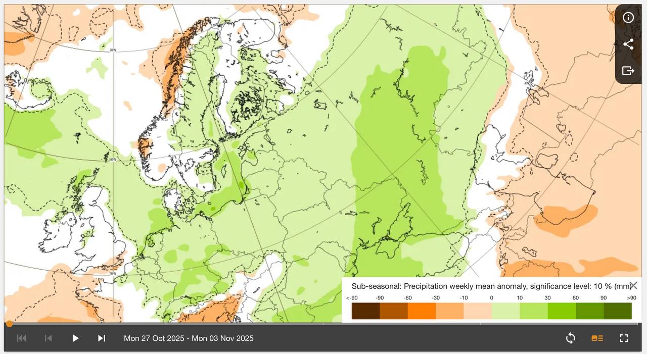 Аномалия средненедельного значения осадков с 27 октября по 3 ноября