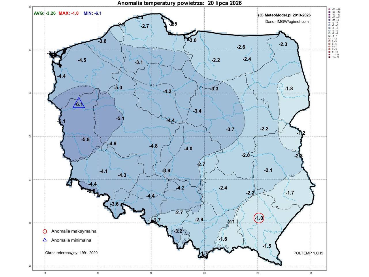 Температура воздуха ночью 20 июля в Польше