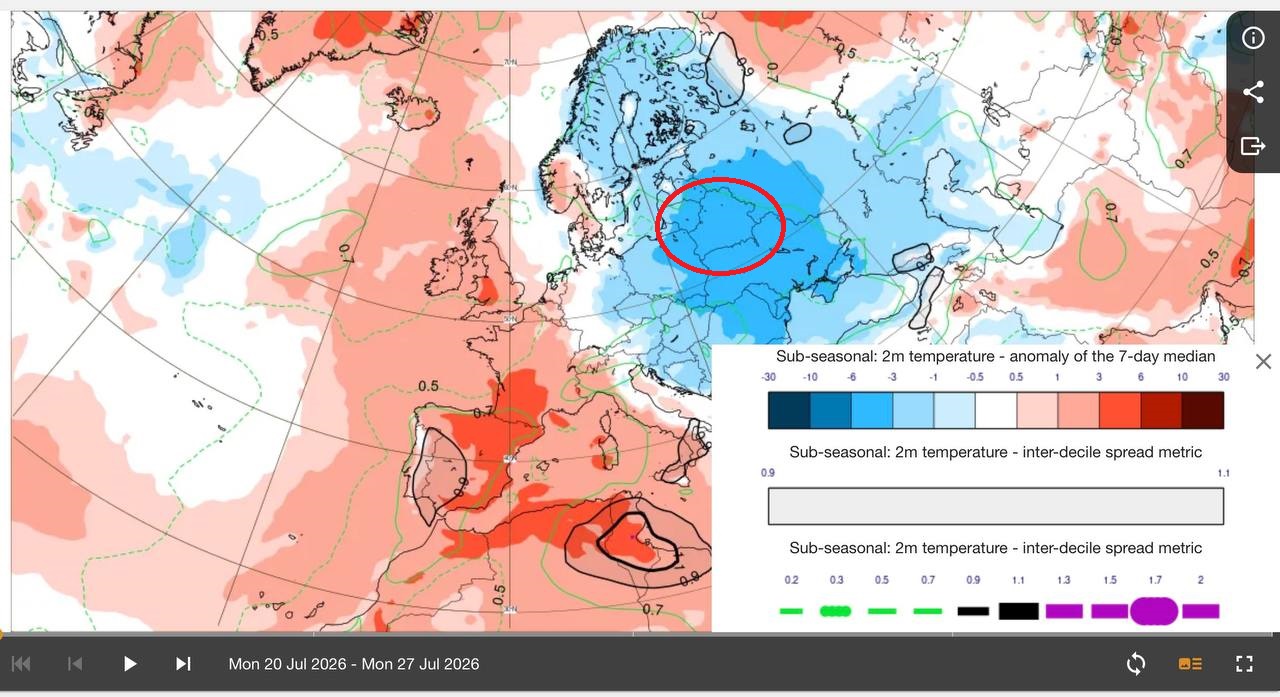 Карта температурных аномалий от ECMWF с 20 по 27 июля