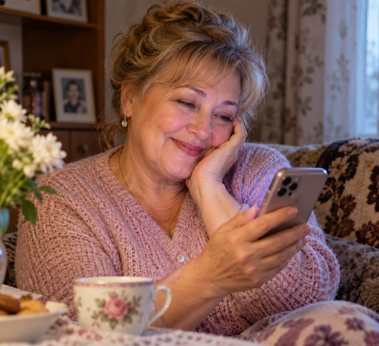 женщина читает сообщение в телефоне