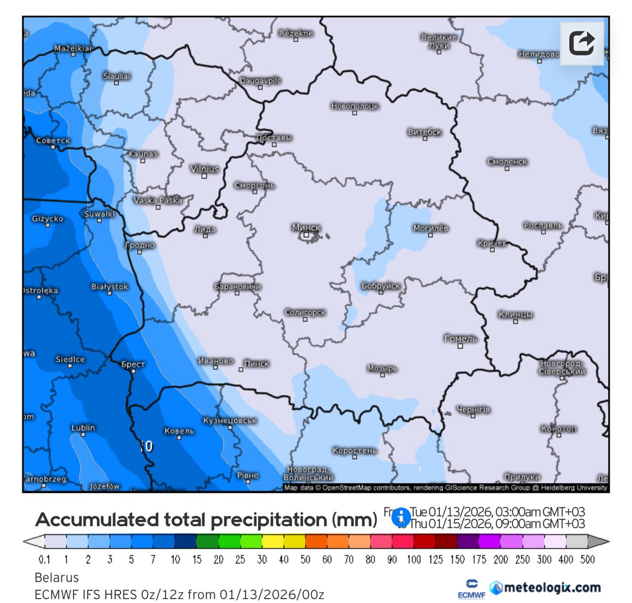 общее накопленное количество осадков в Беларуси утром 15 января