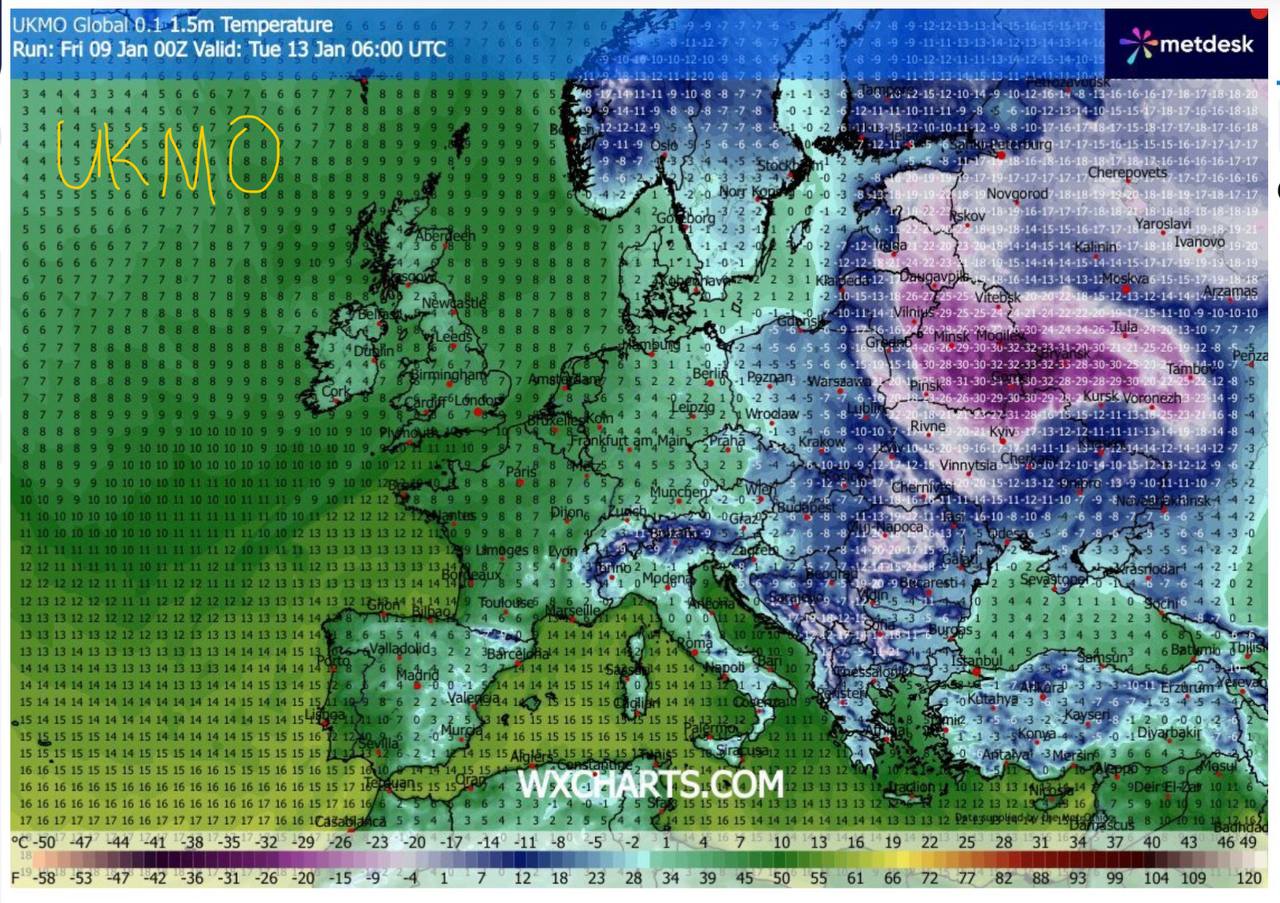 Прогноз по температуре от модели UKMO на 9 утра 13 января