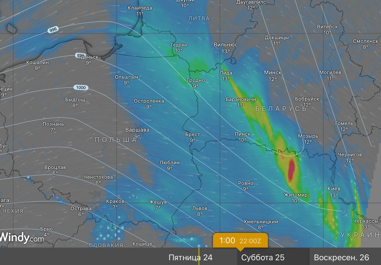 грозы и ливни ночью 25 октября в Беларуси
