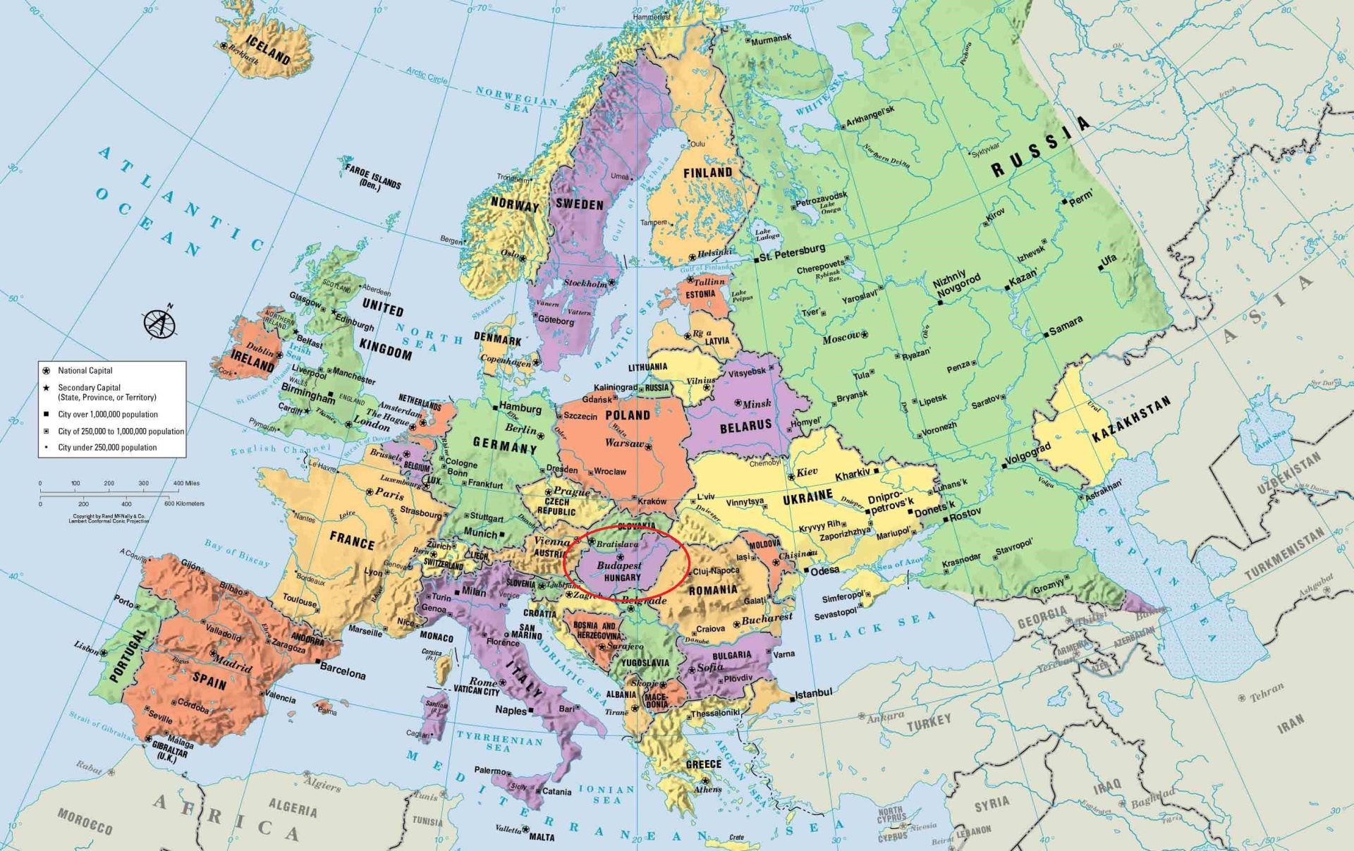 карта Европы с Венгрией