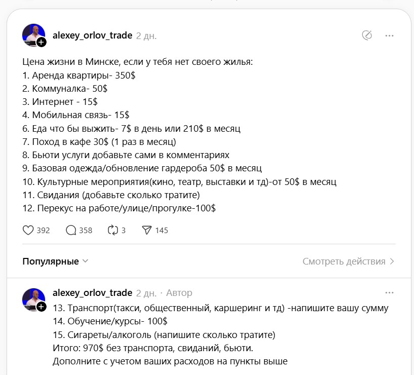 Минск, траты на жизнь