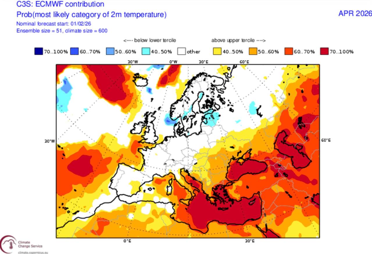 Карта температурных аномалий в апреле от ECMWF 