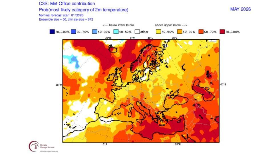 Карта температурных аномалий в мае от британской модели Unified Model