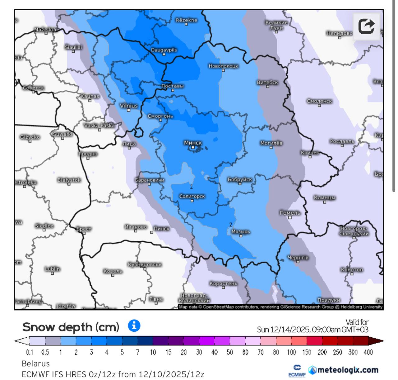 высота снежного покрова 14 декабря в Беларуси