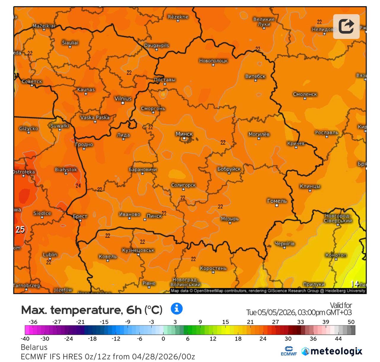 Максимальная температура в Беларуси 5 мая