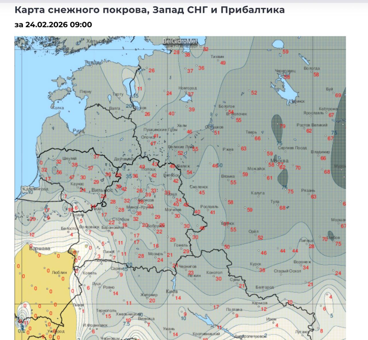 Карта снежного покрова к 9 утра 24 февраля