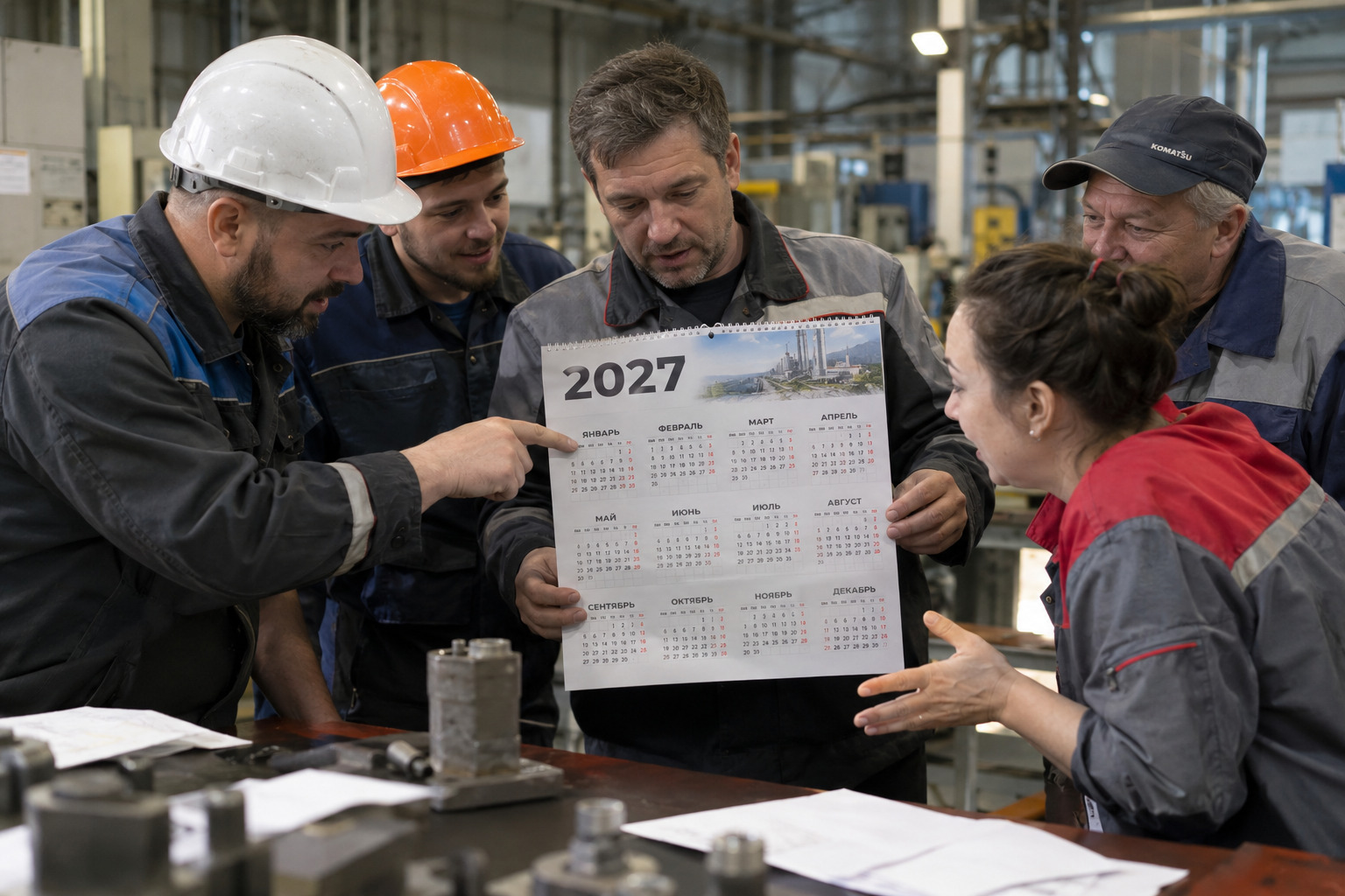работники обсуждают календарь выходных и рабочих дней на 2027 год