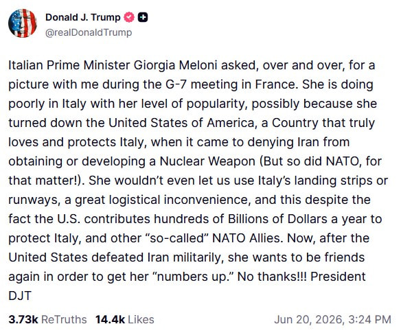 Трамп нападает на Мелони Трамп нападает на Мелони
