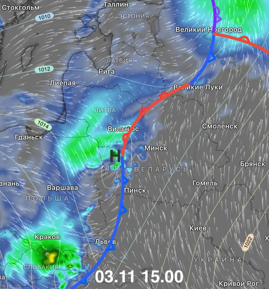 конкретная линия осадков 3 ноября в Беларуси