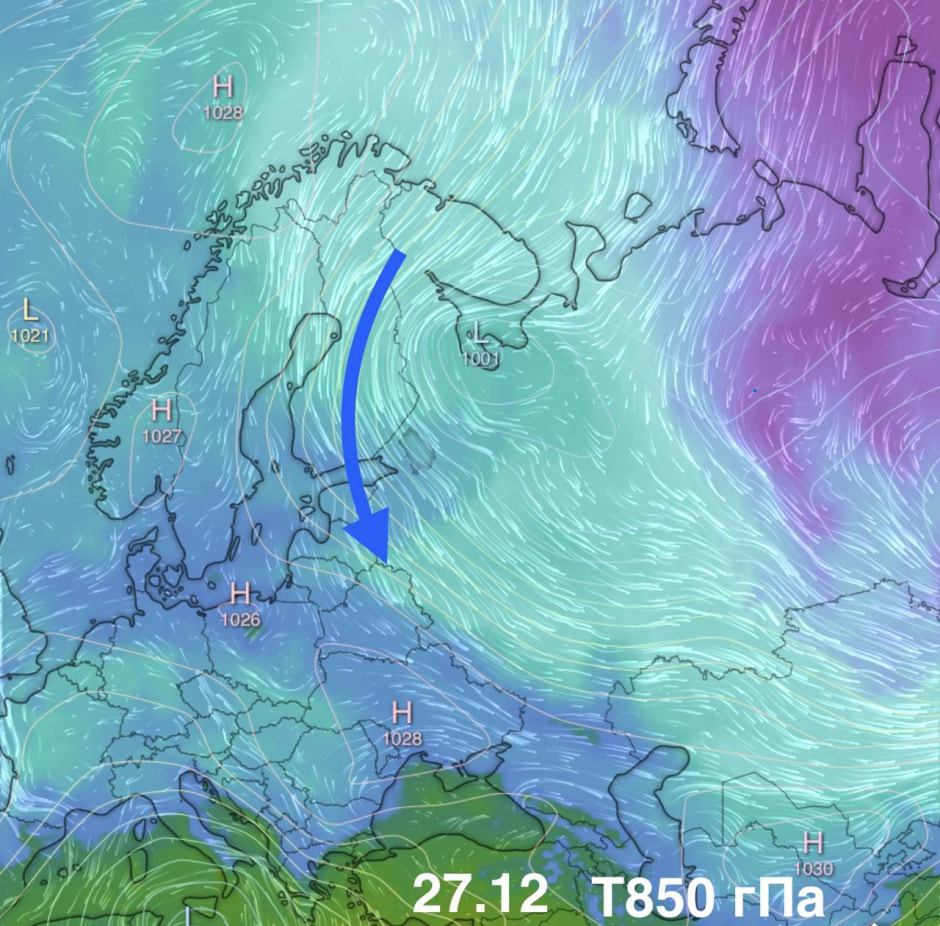 холод из Арктики в направлении Беларуси 27 декабря