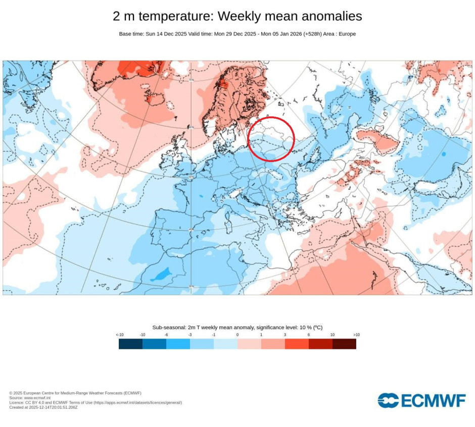 Карта температурных аномалий с 29 декабря по 5 января