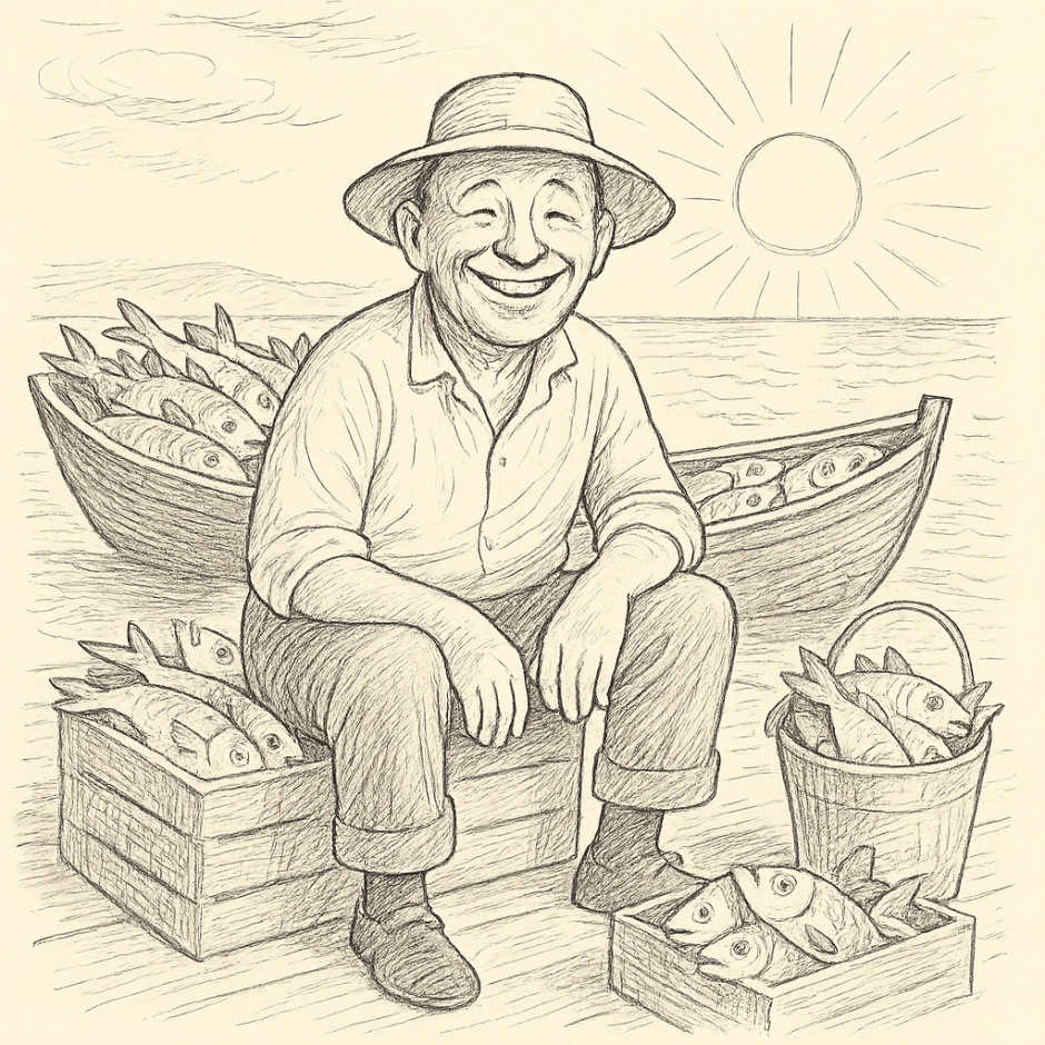 Рыбак на причале с уловом