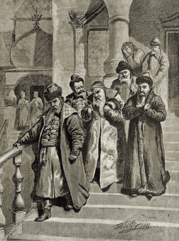 гравюра Бояре возвращаются от Петра, остригшего им бороды