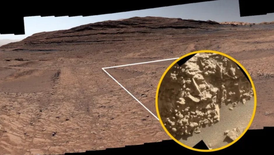 Изображение паутинообразных «коробчатых» структур, полученных марсоходом Curiosity на поверхности Марса. На снимке (обведено кружком) видны крошечные, ранее невиданные узелки, прикрепленные к поверхности этих скалистых хребтов