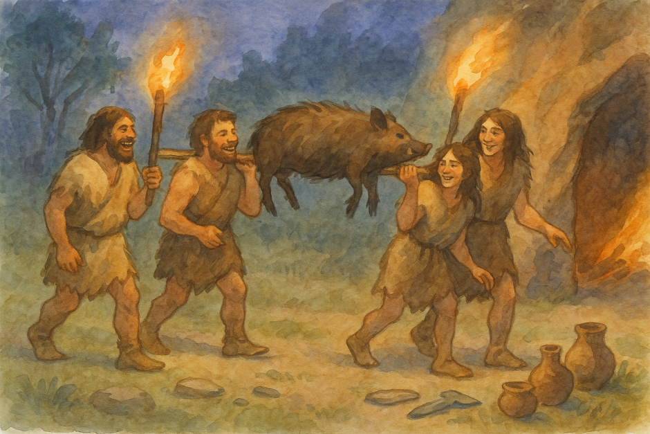 древние люди с кабаном.изображение создано ИИ