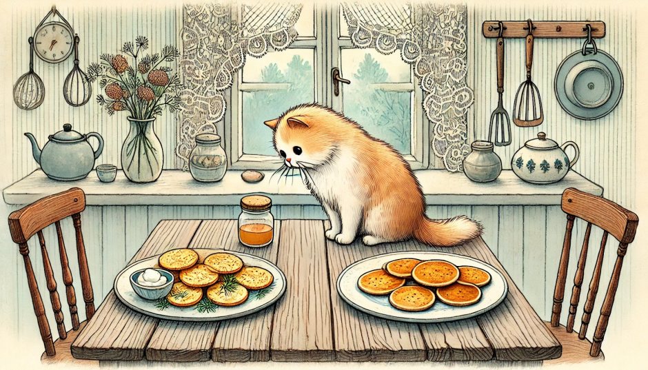 Кот смотрит на драники на столе.png Кот смотрит на драники на столе.png
