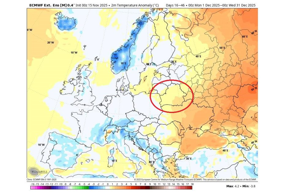 Карта аномалии температуры декабря в Европе