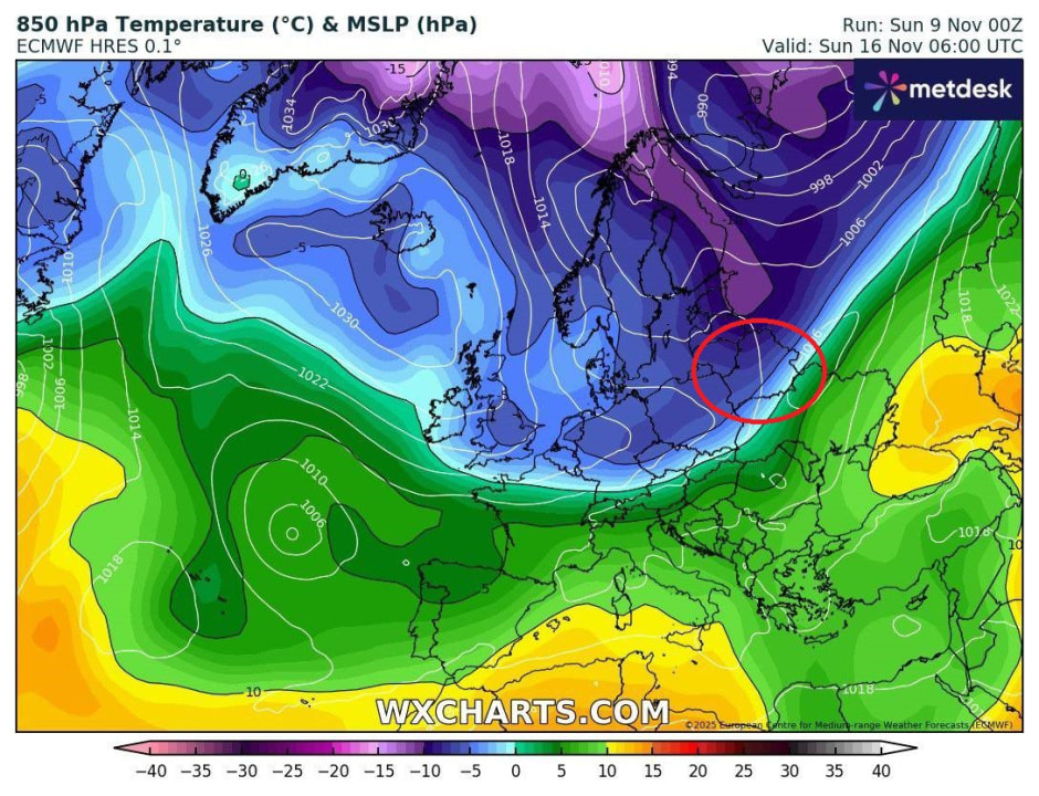 прогноз аномалии температуры на уровне 850 гПа 16 ноября