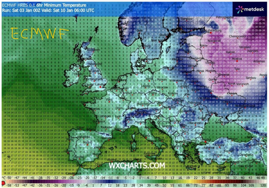 Прогноз по температуре к 9 часам 10 января от модели ECMWF