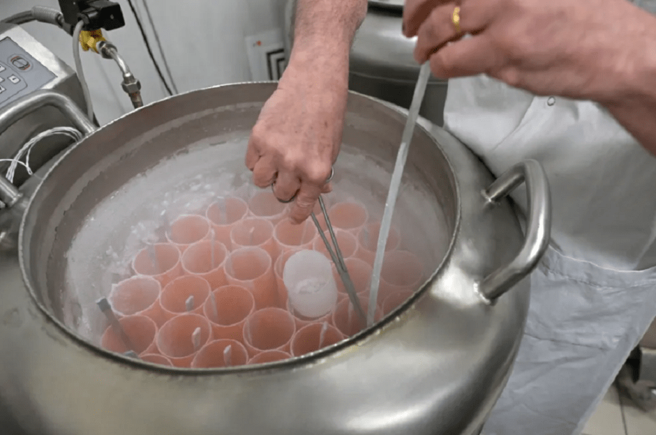 Подготовка флаконов со спермой, замороженной в жидком азоте, в Центре изучения и сохранения яйцеклеток и спермы человека