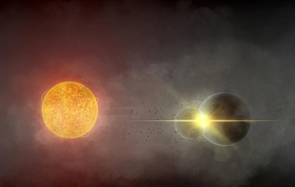 Изображение столкновения планет, которое, по мнению ведущего автора исследования Энди Цанидакиса, произошло вокруг звезды Gaia20ehk в 2021 году