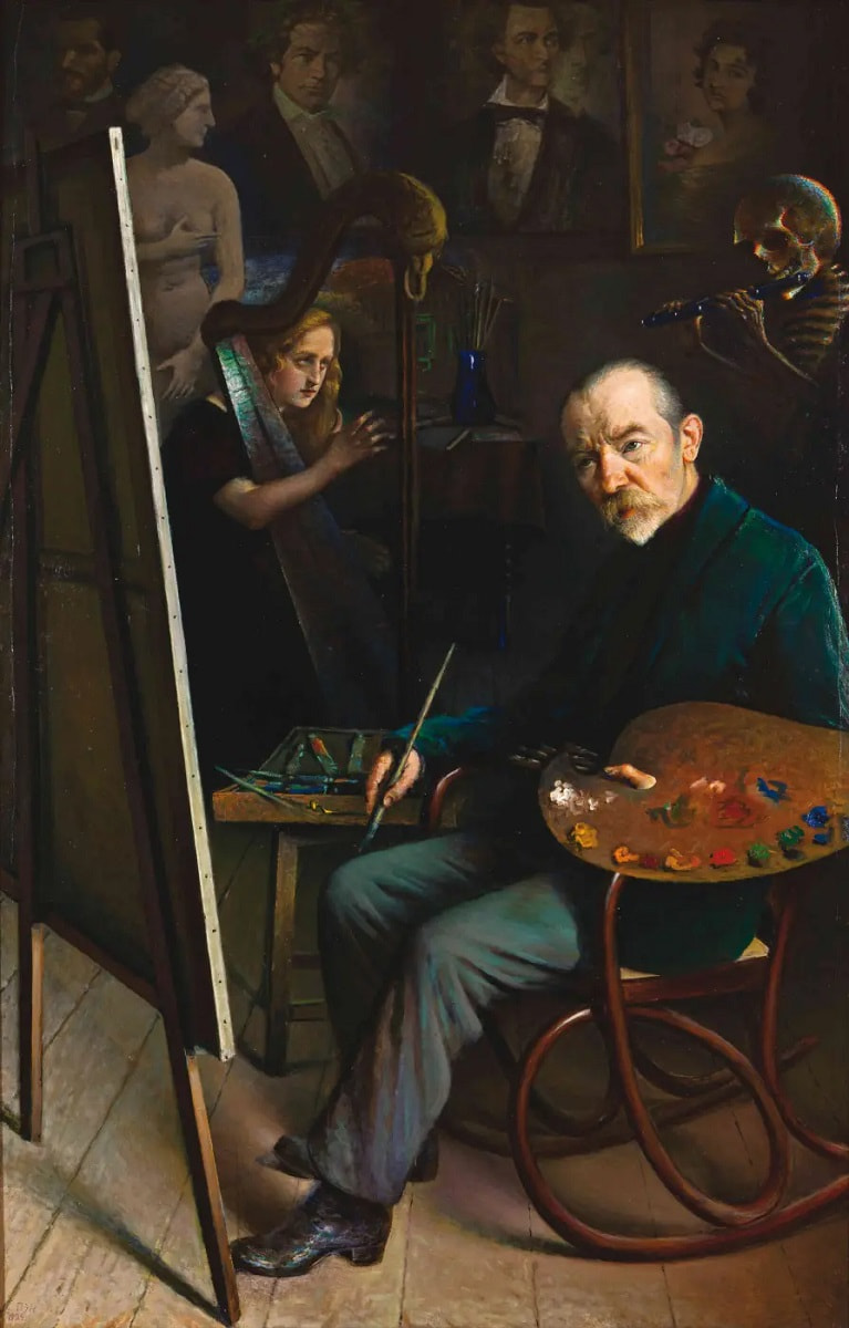 автопортрет с музой и смертью, 1924