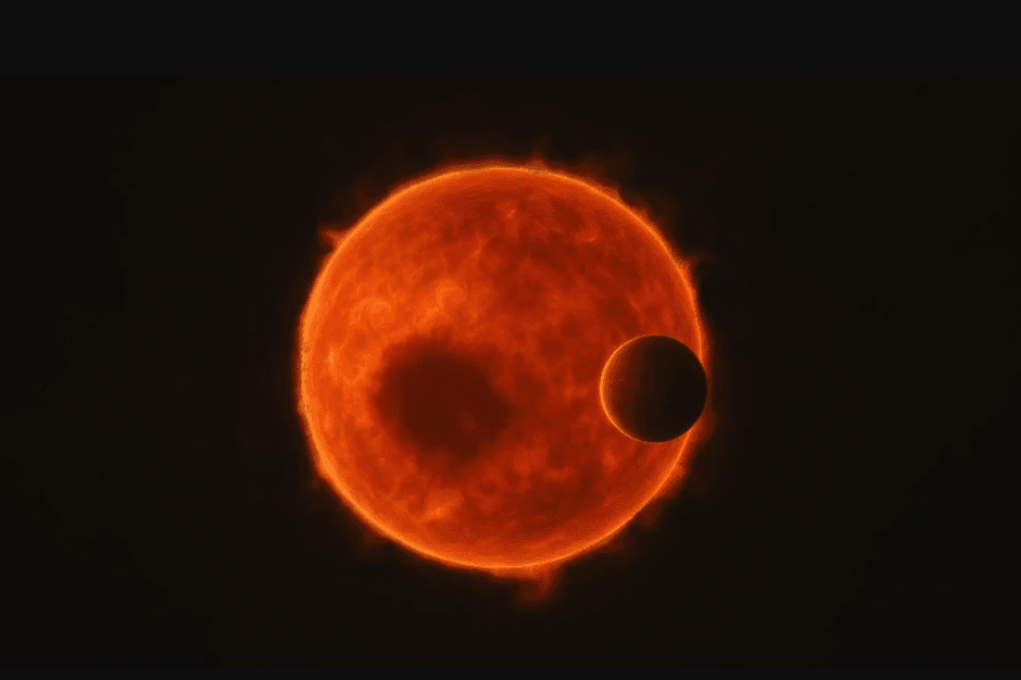 Система TOI-3884 в представлении художника. Супернептун TOI-3884b проходит перед красным карликом TOI-3884, на котором находится большое звездное пятно