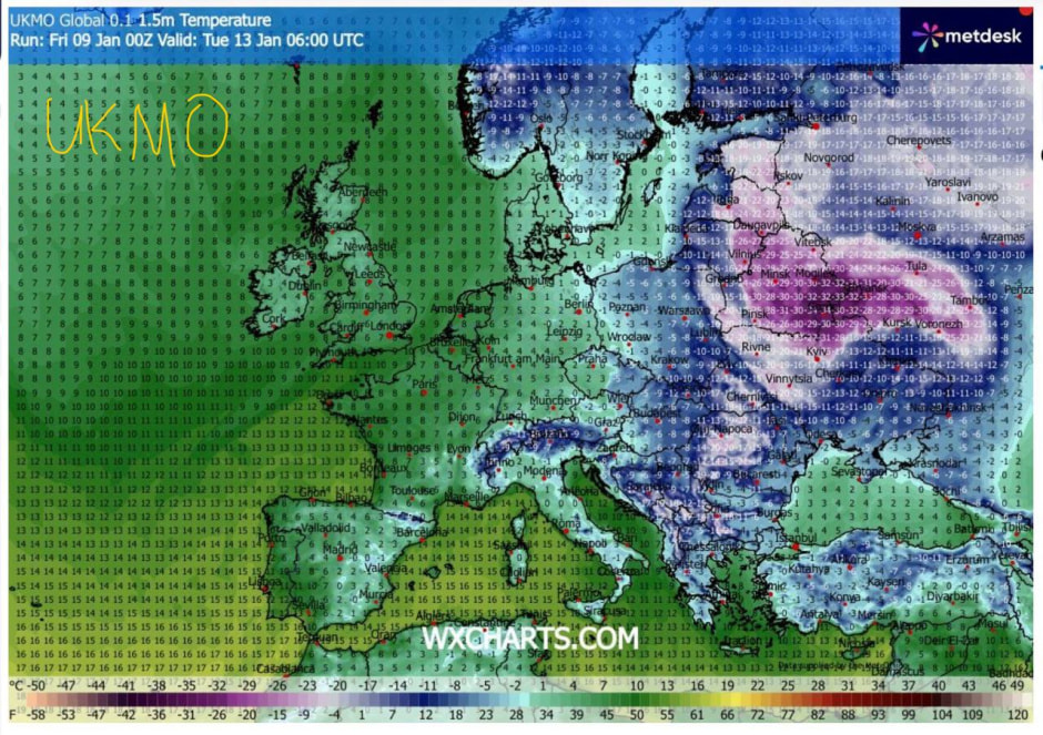 Прогноз по температуре от модели UKMO на 9 утра 13 января