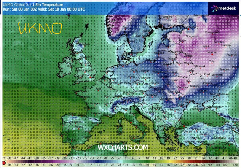 Прогноз по температуре к 3 часам 10 января от модели UKMO