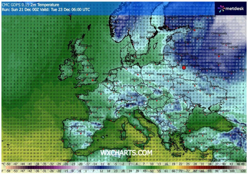 температуры утром 23 декабря в Беларуси