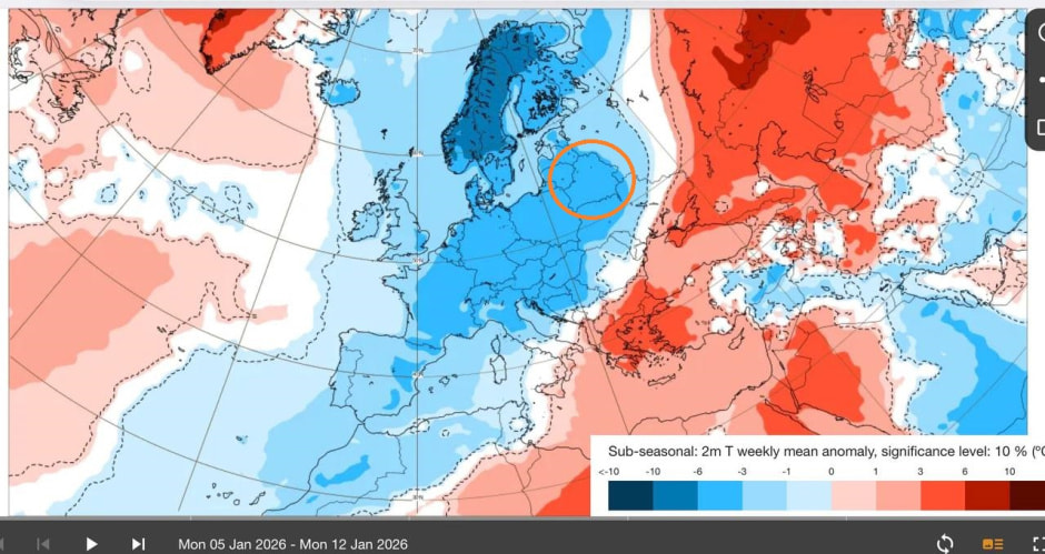 карта температурных аномалий с 5 по 12 января